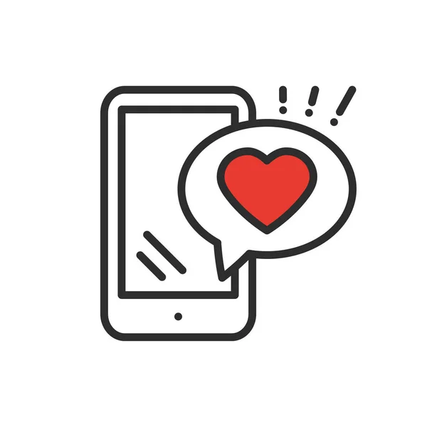 Smartphone with heart emoji message on screen line icon. Love confession like sign and symbol. Love relationship holiday romantic messaging smartphone mobile phone sms message theme. — Stock Vector