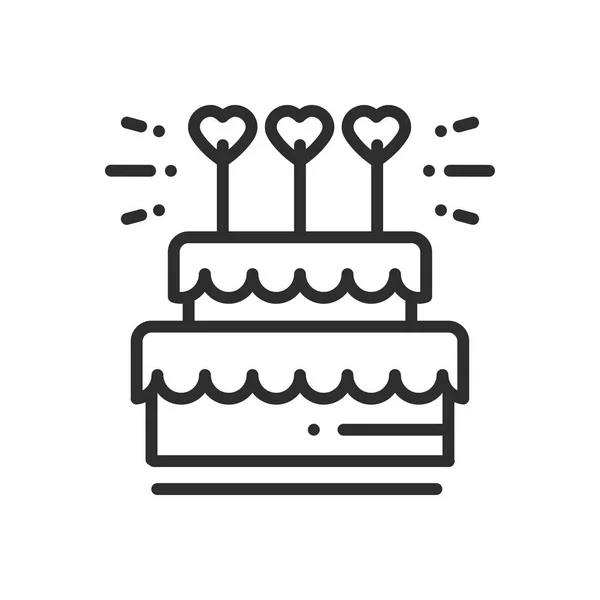 Hochzeitstorte mit Herz Topper Linie Symbol. Hochzeitsschild und Symbol. Kuchendessert. Alles Gute zum Geburtstag. Vektorillustration. Glückwunsch. — Stockvektor