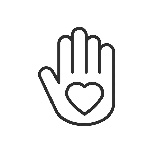 Ręka z ikonę linia serca. Miłości relacji spokoju miłości pomocy wolontariuszy opieki ochrony wsparcie tematu. Znak pokoju i symbol. — Wektor stockowy