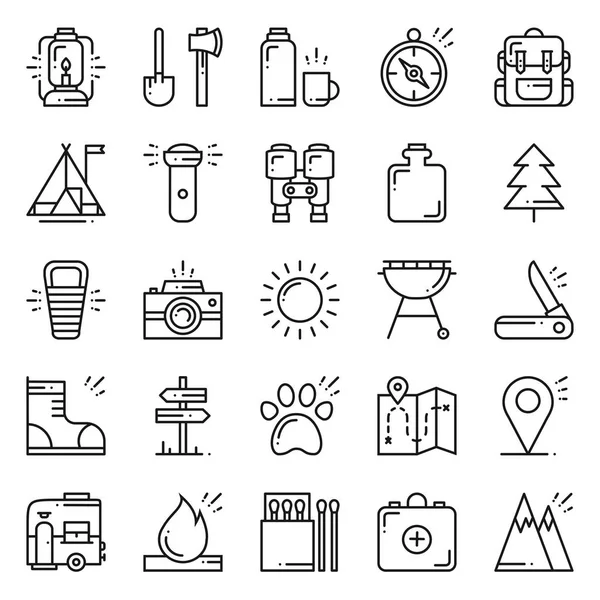 Hiking and Camping Line Icons Set. Outdoor Camp Sign and Symbol. Backpacking Adventure. — Stock Vector