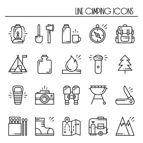 Hiking and Camping Line Icons Set. Outdoor Camp Sign and Symbol. Backpacking Adventure. — Stock Vector