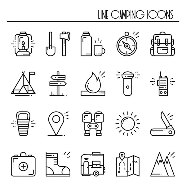 Hiking and Camping Line Icons Set. Outdoor Camp Sign and Symbol. Backpacking Adventure. — Stock Vector