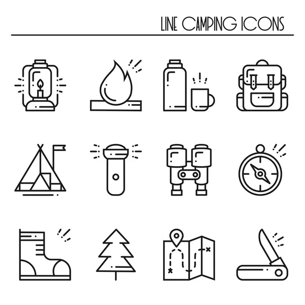 Ensemble d'icônes pour la randonnée et le camping. Signe et symbole de camp extérieur. Randonnée Aventure . — Image vectorielle