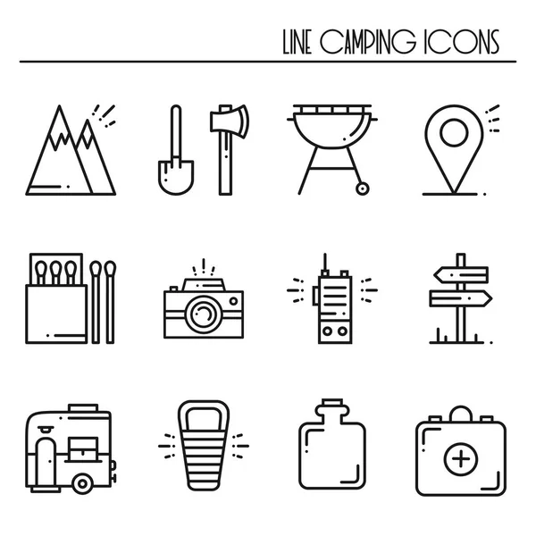 Hiking and Camping Line Icons Set. Outdoor Camp Sign and Symbol. Backpacking Adventure. — Stock Vector