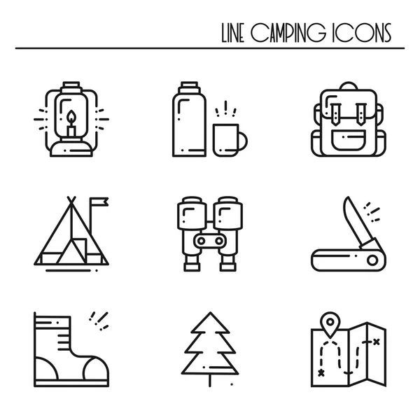 Hiking and Camping Line Icons Set. Outdoor Camp Sign and Symbol. Backpacking Adventure. — Stock Vector