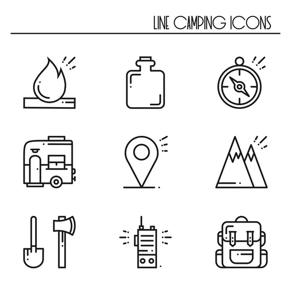 Hiking and Camping Line Icons Set. Outdoor Camp Sign and Symbol. Backpacking Adventure. — Stock Vector