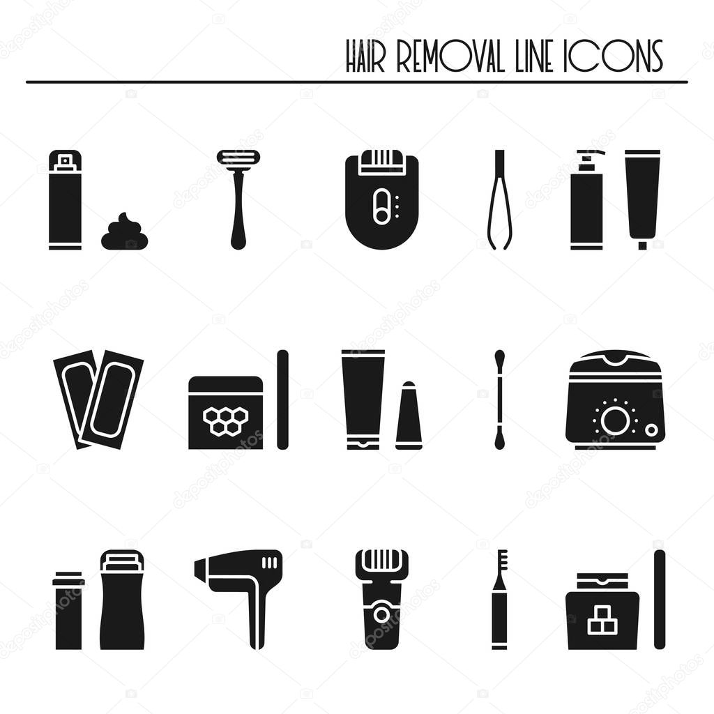 Hair removal methods silhouette icons set. Shaving sugaring laser waxing epilation depilation tweezing