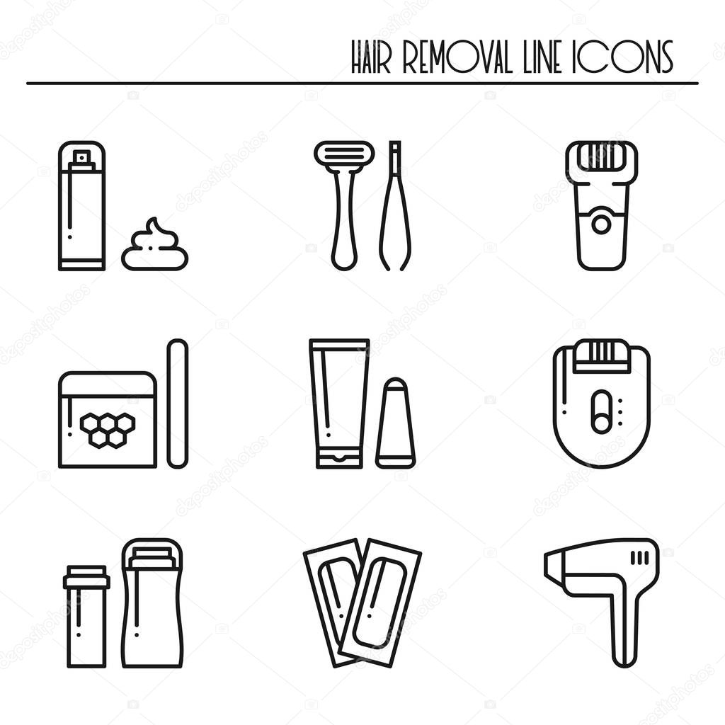 Hair removal methods line icons set. Shaving sugaring laser waxing epilation depilation tweezing