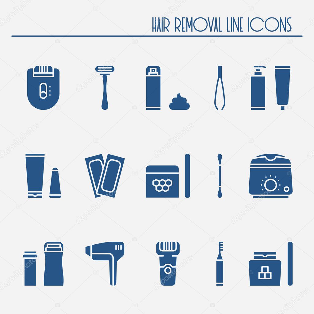 Hair removal methods silhouette icons set. Shaving sugaring laser waxing epilation depilation tweezing.