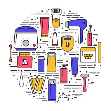 Çizgi stili saç kaldırma yöntemleri sembolleri ile daire. Tıraş sugaring kavramı Tema tweezing ağda epilasyon epilasyon lazer. Benzersiz saç çıkarma yöntemleri Yazdır yuvarlak. Öğeleri, simgeler.