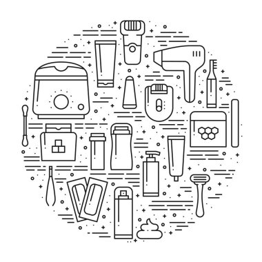 Çizgi stili saç kaldırma yöntemleri sembolleri ile daire. Tıraş sugaring kavramı Tema tweezing ağda epilasyon epilasyon lazer. Benzersiz saç çıkarma yöntemleri Yazdır yuvarlak. Öğeleri, simgeler.