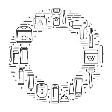 Daire kare saç kaldırma yöntemleri sembollerde çizgi stili ile. Tıraş sugaring kavramı Tema tweezing ağda epilasyon epilasyon lazer. Benzersiz saç çıkarma yöntemleri Yazdır yuvarlak. Öğeleri, simgeler.