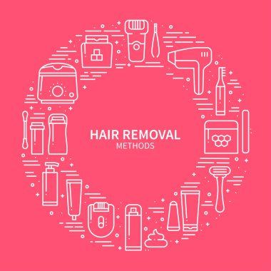 Daire kare saç kaldırma yöntemleri sembollerde çizgi stili ile. Tıraş sugaring kavramı Tema tweezing ağda epilasyon epilasyon lazer. Benzersiz saç çıkarma yöntemleri Yazdır yuvarlak. Öğeleri, simgeler.