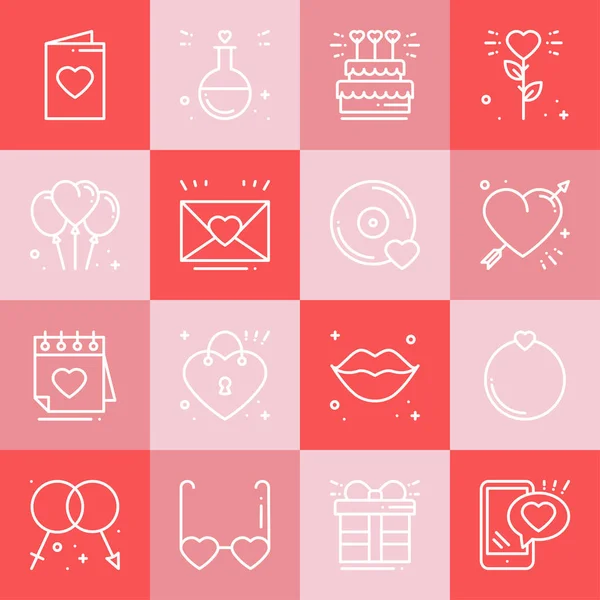 Conjunto de iconos de línea de amor. Feliz día de San Valentín signos y símbolos. Amor, pareja, relación, citas, boda, vacaciones, tema de amor romántico. Corazón, labios, regalo. Cuadrados coloridos . — Vector de stock