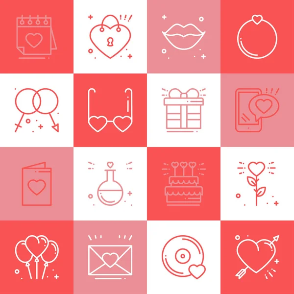 Love line icons set. Happy Valentine day signs and symbols. Love, couple, relationship, dating, wedding, holiday, romantic amour theme. Heart, lips, gift. Colorful squares. — Stock Vector