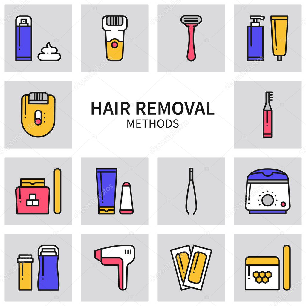 Hair removal methods line icons set. Shaving sugaring laser waxing epilation depilation tweezing. Squares
