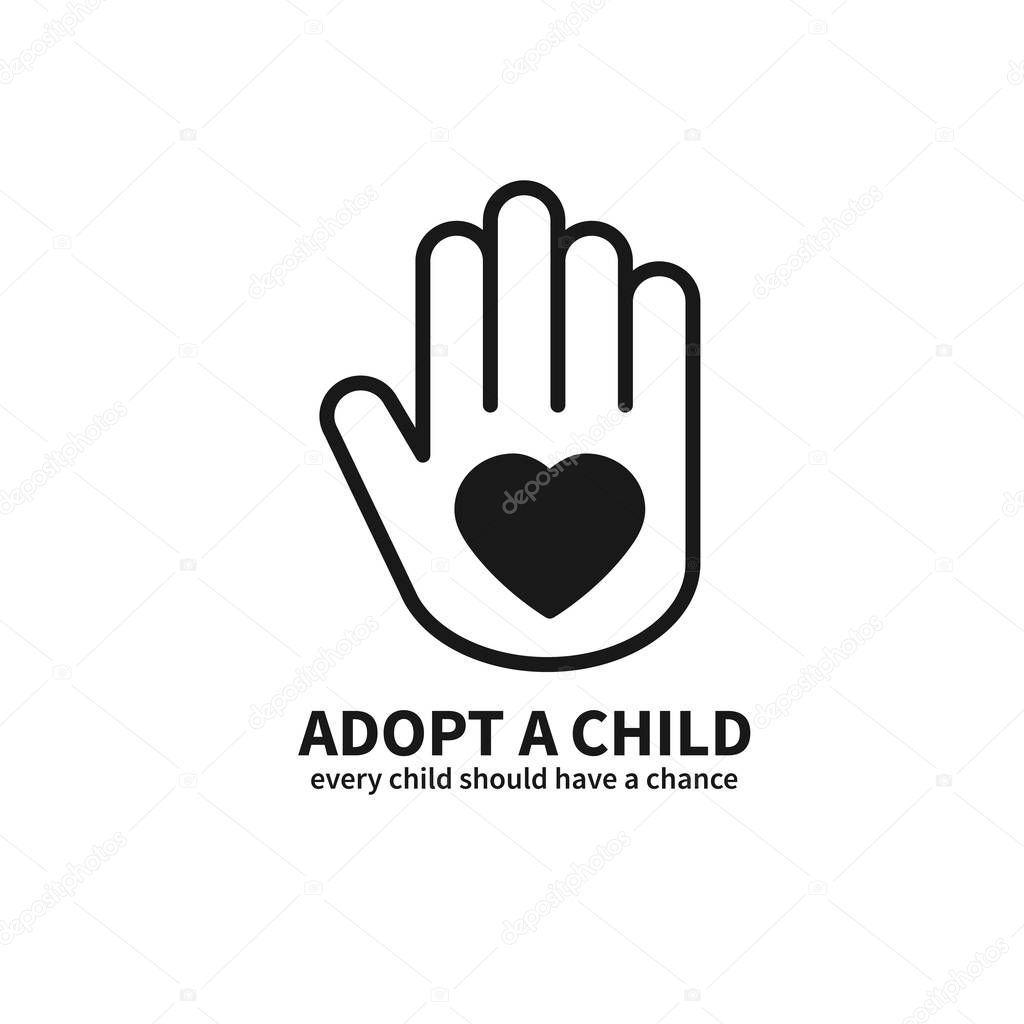Adopt a Child. Hand with Heart Line Icon. Volunteer Help Care Protection Support Theme. Child Adoption Sign and Symbol