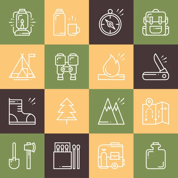 Hiking and Camping Line Icons Set. Outdoor Camp Sign and Symbol. Backpacking Adventure. Colorful squares. — Stock Vector