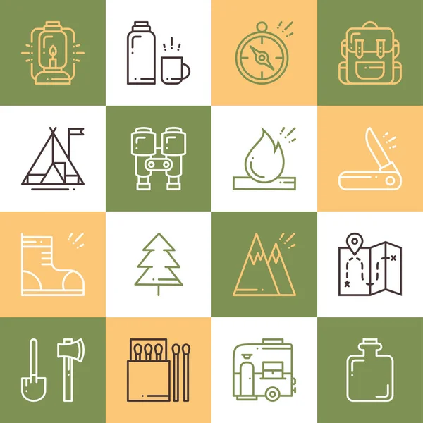 Hiking and Camping Line Icons Set. Outdoor Camp Sign and Symbol. Backpacking Adventure. Colorful squares. — Stock Vector