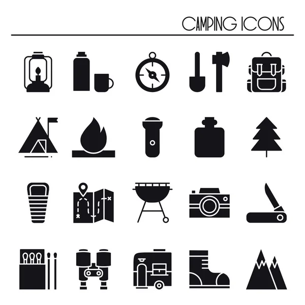 Hiking and Camping Icons Set. Outdoor Camp Sign and Symbol. Backpacking Adventure. — Stock Vector