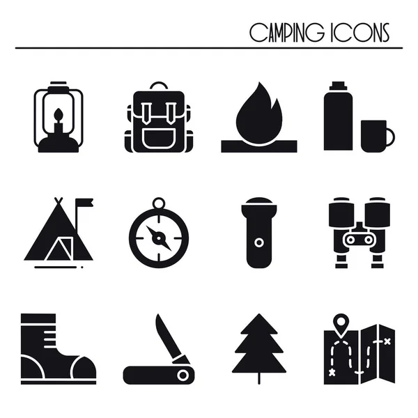 Hiking and Camping Icons Set. Outdoor Camp Sign and Symbol. Backpacking Adventure. — Stock Vector