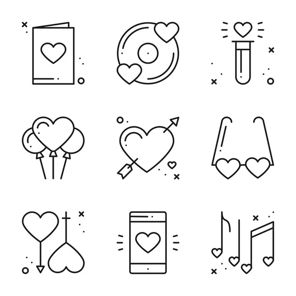 Liebe Linie Symbole gesetzt. fröhliche Valentinstagszeichen und -symbole. Liebe, Paar, Beziehung, Dating, Hochzeit, Urlaub, romantisches Liebesthema. Herz, Lippen, Geschenk. — Stockvektor