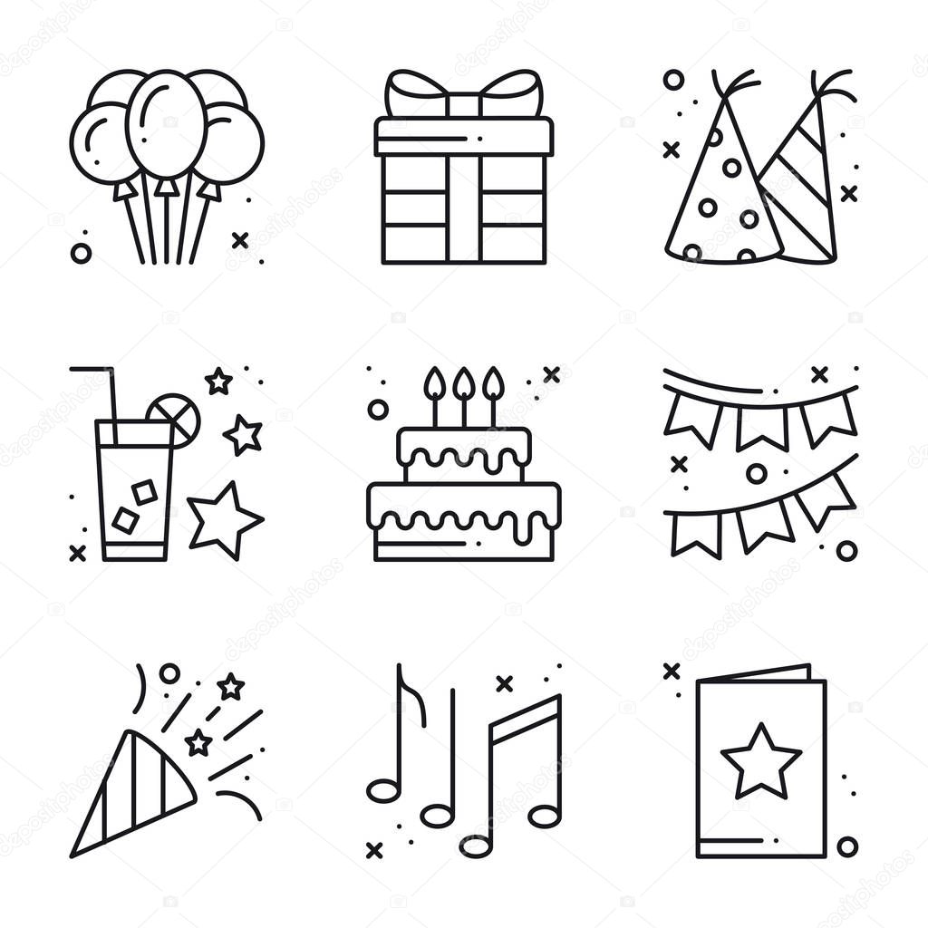 Birthday celebration thin line icons set. Party, holidays. Basic birthday elements. Vector simple linear design. Illustration. Symbols.