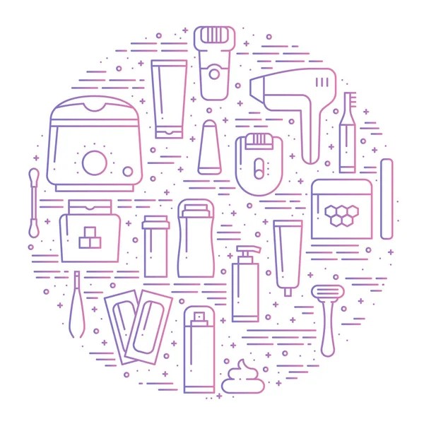 Çizgi stili saç kaldırma yöntemleri sembolleri ile daire. Tıraş sugaring kavramı Tema tweezing ağda epilasyon epilasyon lazer. Benzersiz saç çıkarma yöntemleri Yazdır yuvarlak. Öğeleri, simgeler.