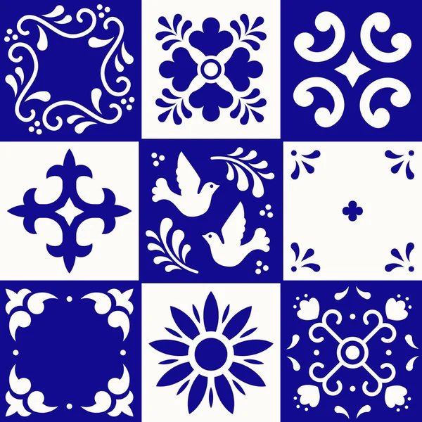 Mexican talavera pattern. Ceramic tiles in traditional style from Puebla. Mexico floral mosaic in blue and white. Folk art design. — Stock Vector