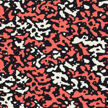 Soyut organik sıvı, dikişsiz desen. Düzensiz difüzyon reaksiyonu. Organik yuvarlak şekilli bir arka plan. Siyah ve kırmızı vektör illüstrasyonu.