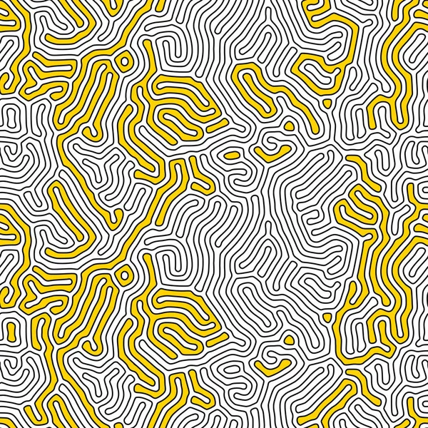 Fondo orgánico con líneas redondeadas. Reacción de difusión patrón sin fisuras. Diseño lineal con formas biónicas. Ilustración abstracta de vectores en blanco, negro y amarillo. Laberinto, coral, tema del cerebro . — Vector de stock