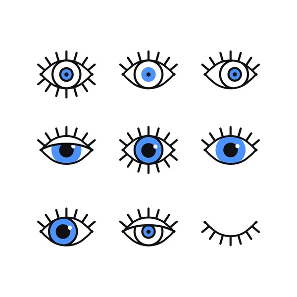 Iconos de línea de ojos abiertos y cerrados establecidos sobre fondo blanco. Mira, mira, mira, mira signo y símbolo. Elemento gráfico lineal vectorial. Tema óptico y de búsqueda en estilo de diseño minimalista. Ojo con pestañas . Ilustraciones De Stock Sin Royalties Gratis