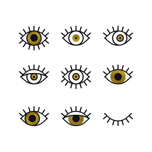 Conjunto de iconos de línea de ojos abiertos y cerrados dorados. Mira, mira, mira, mira signo y símbolo. Elemento gráfico lineal vectorial. Tema óptico y de búsqueda en estilo de diseño minimalista. Ojos dorados con pestañas . Vector De Stock