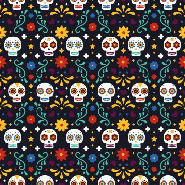 Dia De Los Muertos, siyah arka planda kafatası ve çiçek desenleri var. Ölü bayram partisi için geleneksel Meksika Cadılar Bayramı tasarımı. Meksika aksesuarı..