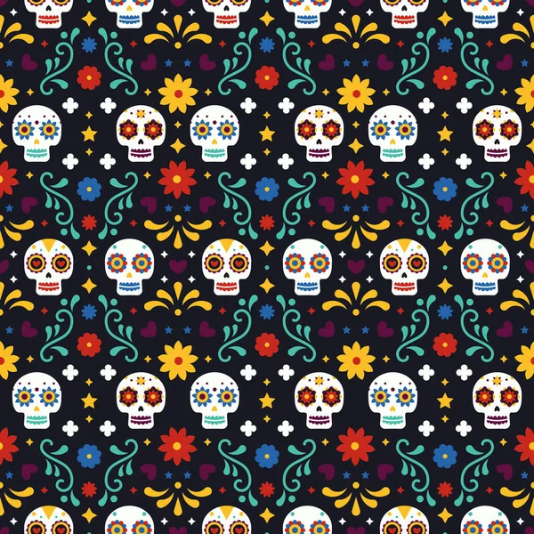 Dia De Los Muertos modello senza cuciture con teschi e fiori su sfondo nero. Progetto messicano tradizionale di Vigilia d'Ognissanti durante Giorno della festa di vacanza morta. Ornamento dal Messico . — Vettoriale Stock