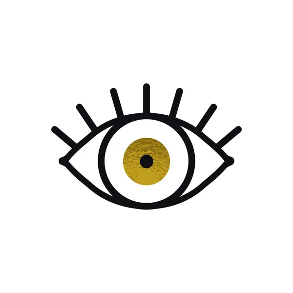 Icono de línea de ojo de oro abierto sobre fondo blanco. Mira, mira, mira, mira signo y símbolo. Elemento gráfico lineal vectorial. Tema óptico y de búsqueda en estilo de diseño minimalista. Ojo dorado con pestañas. Ilustración De Stock