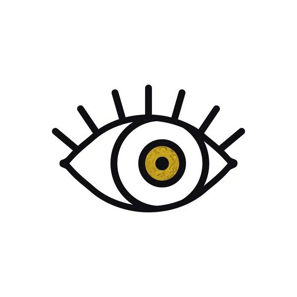 Icono de línea de ojo de oro abierto sobre fondo blanco. Mira, mira, mira, mira signo y símbolo. Elemento gráfico lineal vectorial. Tema óptico y de búsqueda en estilo de diseño minimalista. Ojo dorado con pestañas. Gráficos Vectoriales