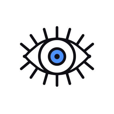 Beyaz arkaplanda mavi göz çizgisi simgesini aç. Bak, bak, görüş, işaret ve sembol. Vektör doğrusal grafik ögesi. En az tasarım tarzında optik ve arama teması. Kirpikli göz..