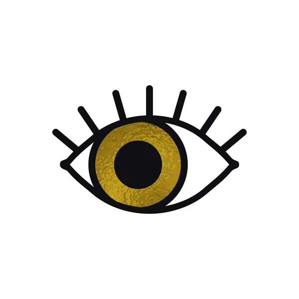 Icono de línea de ojo de oro abierto sobre fondo blanco. Mira, mira, mira, mira signo y símbolo. Elemento gráfico lineal vectorial. Tema óptico y de búsqueda en estilo de diseño minimalista. Ojo dorado con pestañas. Ilustración De Stock