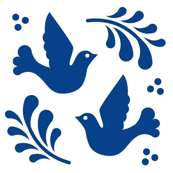 Patrón de teja de talavera mexicana con pájaros. Adorno en estilo tradicional de Puebla en clásico azul y blanco. Composición cerámica floral con flores, puntos y hojas. Diseño de arte popular de México . Gráficos Vectoriales