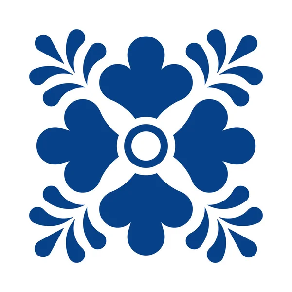 花とメキシコのタラバタイルパターン。古典的な青と白のプエブラから伝統的なスタイルで装飾。ドットと葉を持つ花のセラミック組成物。メキシコの民俗芸術デザイン. — ストックベクタ