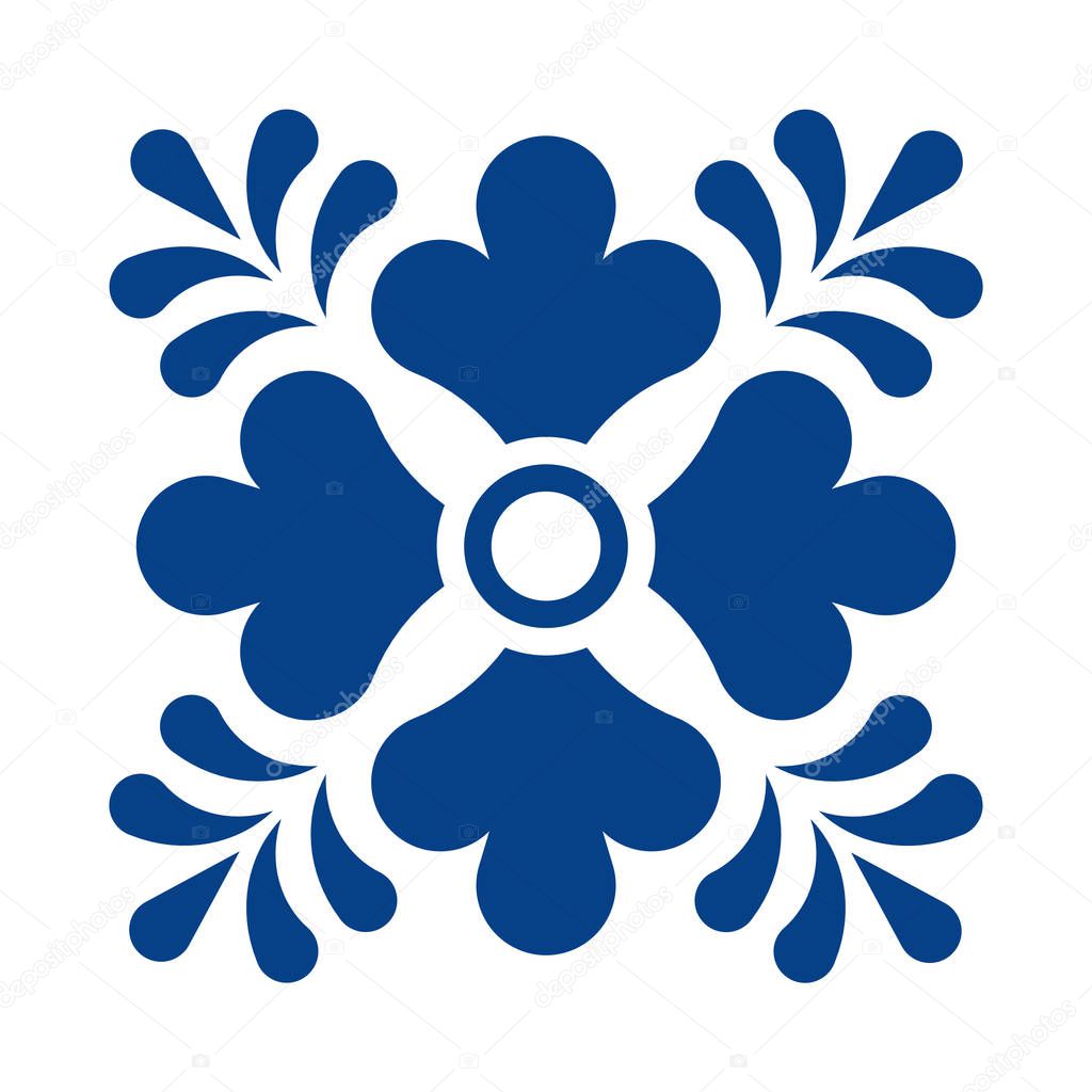 Mexican talavera tile pattern with flower. Ornament in traditional style from Puebla in classic blue and white. Floral ceramic composition with dot and leaves. Folk art design from Mexico.