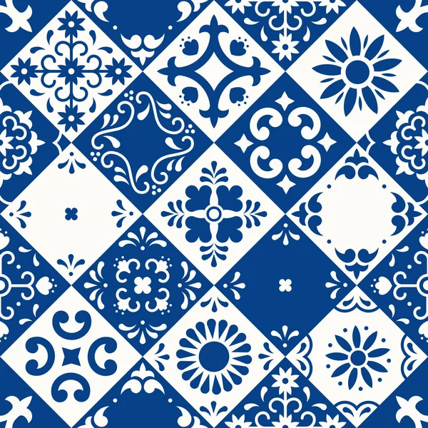 Mexican talavera seamless pattern. Ceramic tiles with flower, leaves and bird ornaments in traditional majolica style from Puebla. Mexico floral mosaic in classic blue and white. Folk art design. — Stock Vector