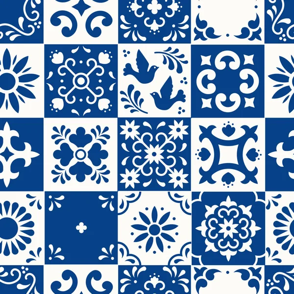 Mexican talavera seamless pattern. Ceramic tiles with flower, leaves and bird ornaments in traditional majolica style from Puebla. Mexico floral mosaic in classic blue and white. Folk art design. — Stock Vector