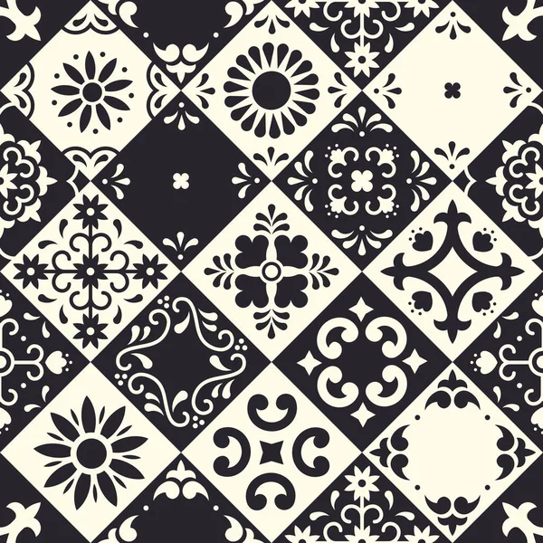 Mexican talavera seamless pattern. Ceramic tiles with flower, leaves and bird ornaments in traditional majolica style from Puebla. Mexico floral mosaic in classic black and white. Folk art design. — Stock Vector