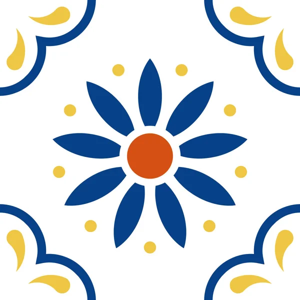 멕시코 탈라베라 타일 패턴. 흰색 바탕에는 푸에블라주의 전통적 인 스타일 의장 식품 이 있다. 꽃, 점, 그리고 잎으로 꽃 세라믹 구성. 멕시코의 민속 미술 설계. — 스톡 벡터