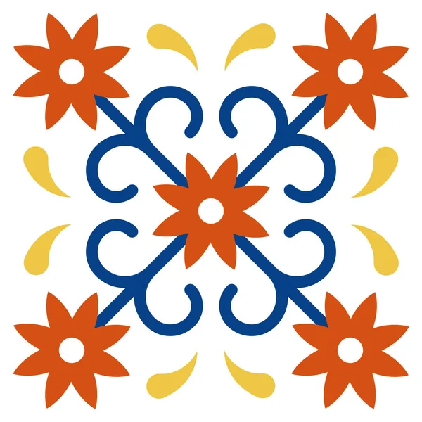 メキシコのタラベラのタイルのパターン。白を背景にプエブラから伝統的なスタイルで装飾。花、ドットと葉を持つ花のセラミック組成。メキシコの民俗芸術デザイン. — ストックベクタ