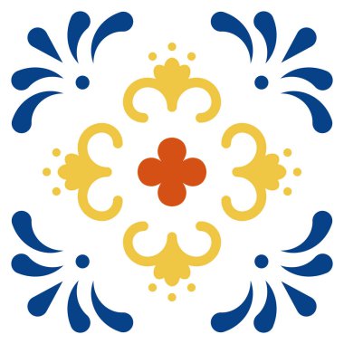 Meksika Talavera fayans deseni. Beyaz arka planda Puebla 'dan geleneksel bir süs. Çiçekli, noktalı ve yapraklı seramik kompozisyon. Meksika 'dan halk sanatı tasarımı.