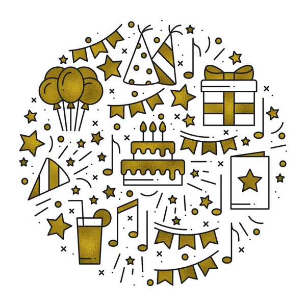 Fête d'anniversaire concept thème en or. Cercle avec des symboles d'anniversaire d'or et des éléments de base de la fête sur fond blanc. Impression ronde en style ligne . — Image vectorielle