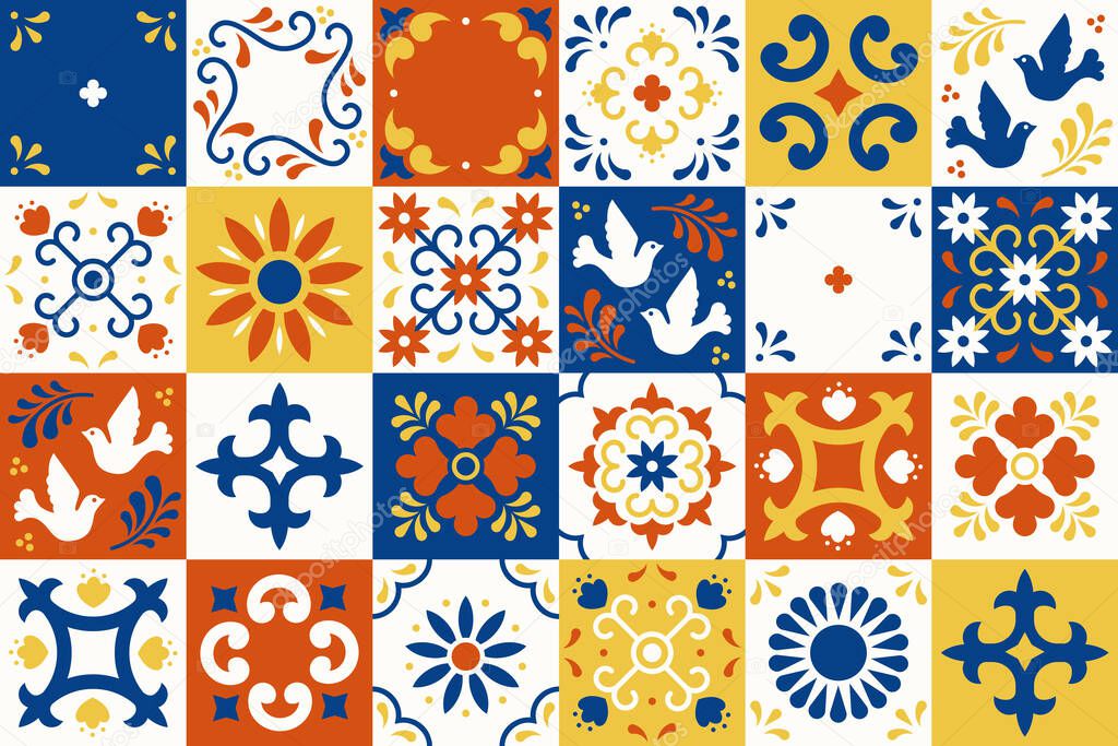 Mexican talavera pattern. Ceramic tiles with flower, leaves and bird ornaments in traditional majolica style from Puebla. Mexico floral mosaic in classic blue and white. Folk art design.